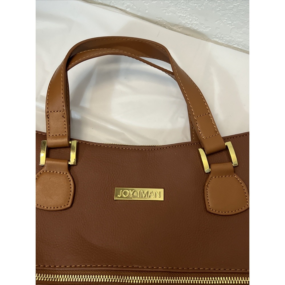 JOY & IMAN Alexandria Leather Tote Purse Cognac 15.5 X 12 X 6 Double Handles - Picture 4 of 9
